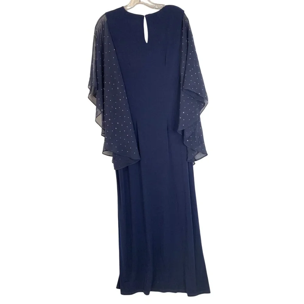 New Glamour Navy Formal Gown Sheer Bead Flutter Sleeves Size 14 - Picture 2 of 8